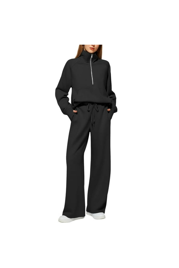 Travel Outfits for Women Women 2 Piece Outfits Sweatsuit Oversized Sweatshirt Sweatpants Tracksuit Sweat Lounge Matching Set 2024 Fall Trendy Plus Size Travel Outfits for Women(Black,L)