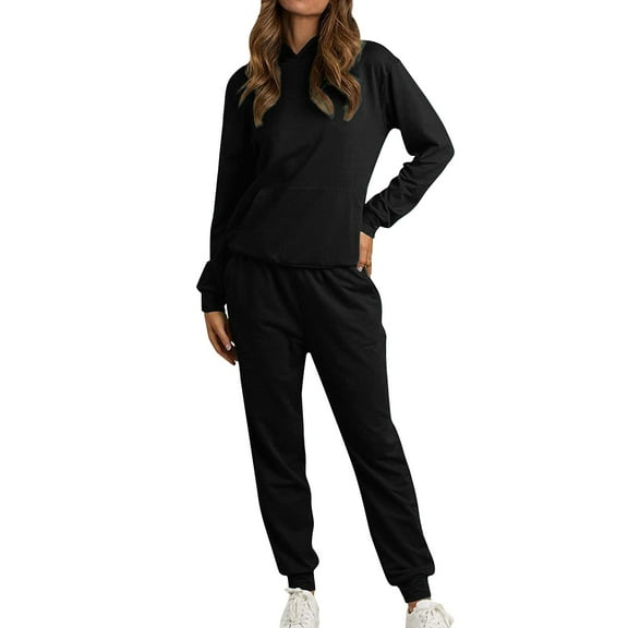 CILENON Travel Sets for Women Clothing Set Women's Casual Fall And Winter Long Sleeved Hooded With Pockets Pants Sports Sweater Casual Pants Sweater Set Tracksuit Women 2 Piece Outfits (Black,S)