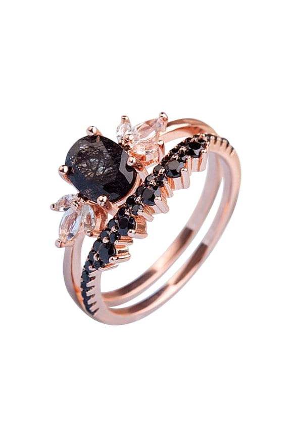 Trendy Jewelry Black Rutilated Quartz Engagement Ring Set Oval Shaped Rose Gold Ring Black Zirconia Curved Wedding Anniversary Ring Diamond Rings Crystal Rings (Black,9)