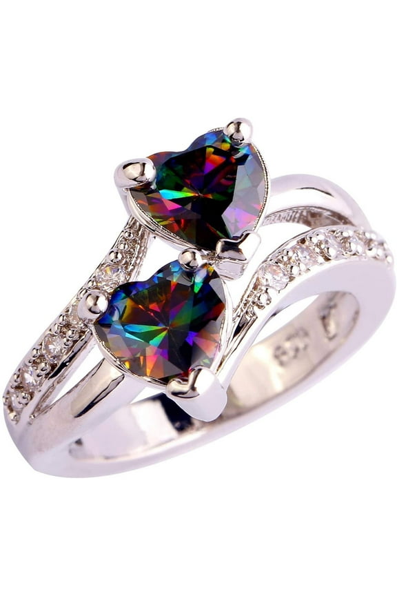 Trendy Jewelry Women's Unique Double Heart Rainbow Eternal Engagement Ring Girls Ring Diamond Rings Crystal Rings Diamond Band Rings for Women(Multi-color,11)