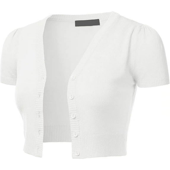 CILENON Trendy Outfits for Women 2024 Women's Short Sleeve Cropped Bolero Button Down Cardigan Sweater Solid Color Snap Top (White,S)