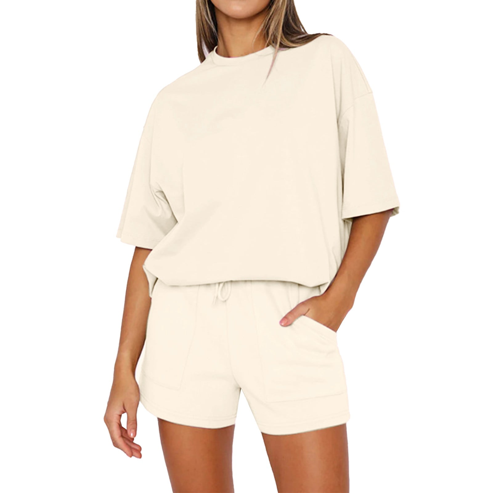 Casual Short Sets For Women.CILENON Women 2 Piece Outfits Sets Summer Women's Solid Round Neck ...