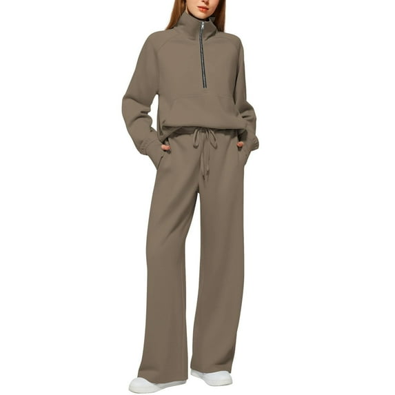 CILENON Women 2 Piece Outfits Sweat Set 2024 Fall Winter Oversized Half Zip Sweatshirts Jogger Sweatpants Lounge Sets Tracksuit with Pockets (Coffee,XL)