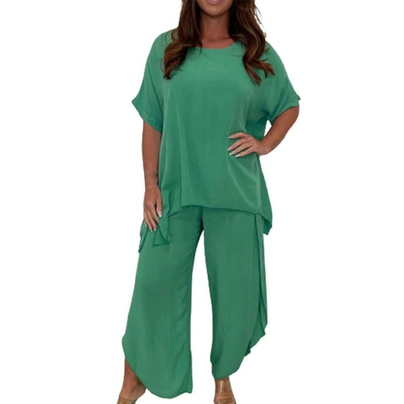 CILENON Women Casual Outfits Women's Fashion Casual Loose Plus Size Suits European And American Short Sleeves Yoga Sets for Women Two Piece Travel Outfits for Women (Green1,XXL)