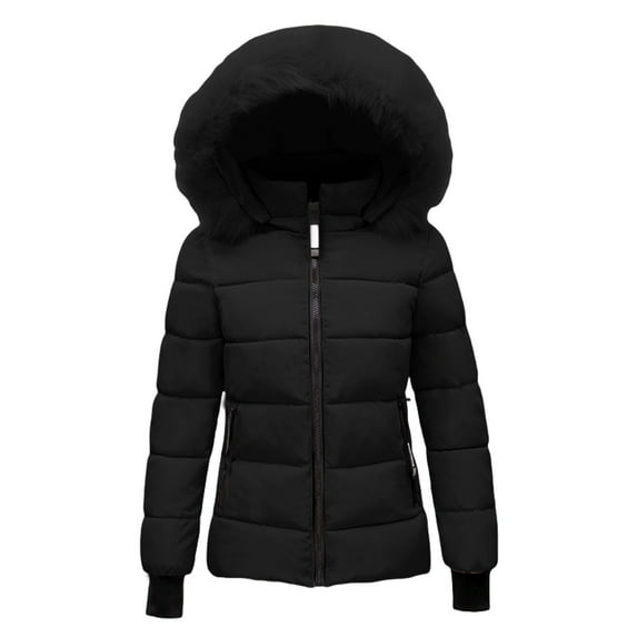 CILENON Women's 2024 Warm Parka Jacket Short Quilted Waterproof Coat With Faux Fur Hood Sizes M-4Xl Lightweight Winter Outwear Striped Cardigan(Black,XXXL)