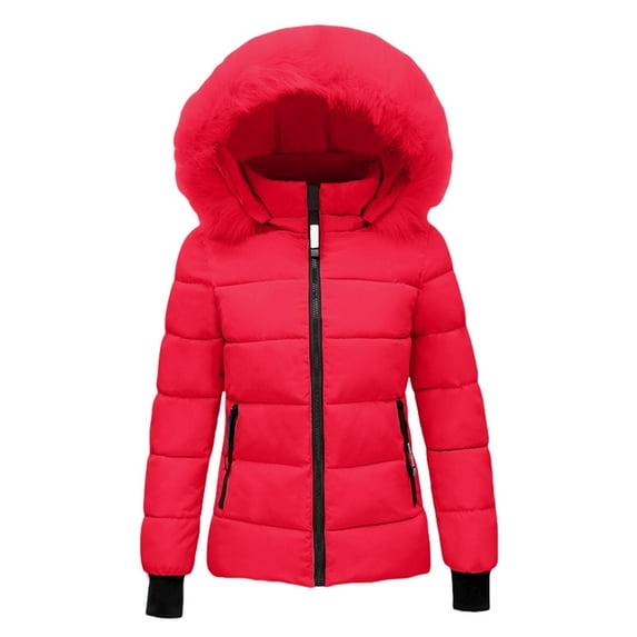 CILENON Women's 2024 Warm Parka Jacket Short Quilted Waterproof Coat With Faux Fur Hood Sizes M-4Xl Lightweight Winter Outwear Vest(Red,XL)