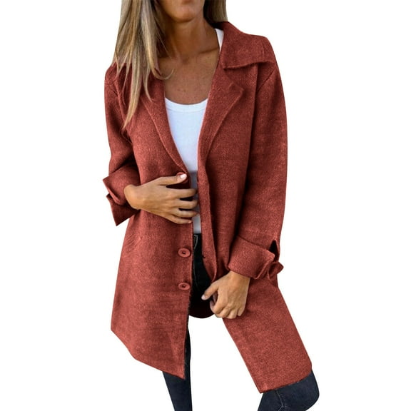 CILENON Women's Autumn Solid Color Flip Tie Pocket Single Breasted Mid Length Long Sleeved Jacket Casual Jackets for Women(Red2,S)