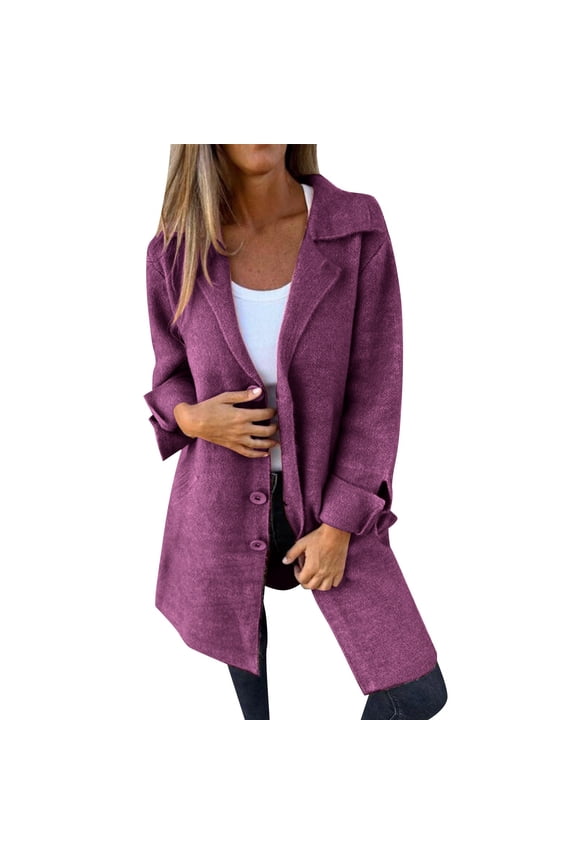 Women's Autumn Solid Color Flip Tie Pocket Single Breasted Mid Length Long Sleeved Jacket Girls' Outerwear Jackets & Coats(Purple,XXXXXL)