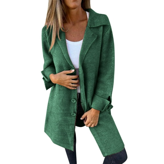 CILENON Women's Autumn Solid Color Flip Tie Pocket Single Breasted Mid Length Long Sleeved Jacket Trendy Coats(Green,XXL)