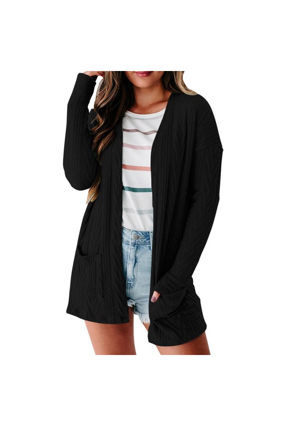 Women's Cardigans Women Solid Color Loose Fashion Patchwork Sweater Knit Long Sleeve Cardigan Coat (Black,S)