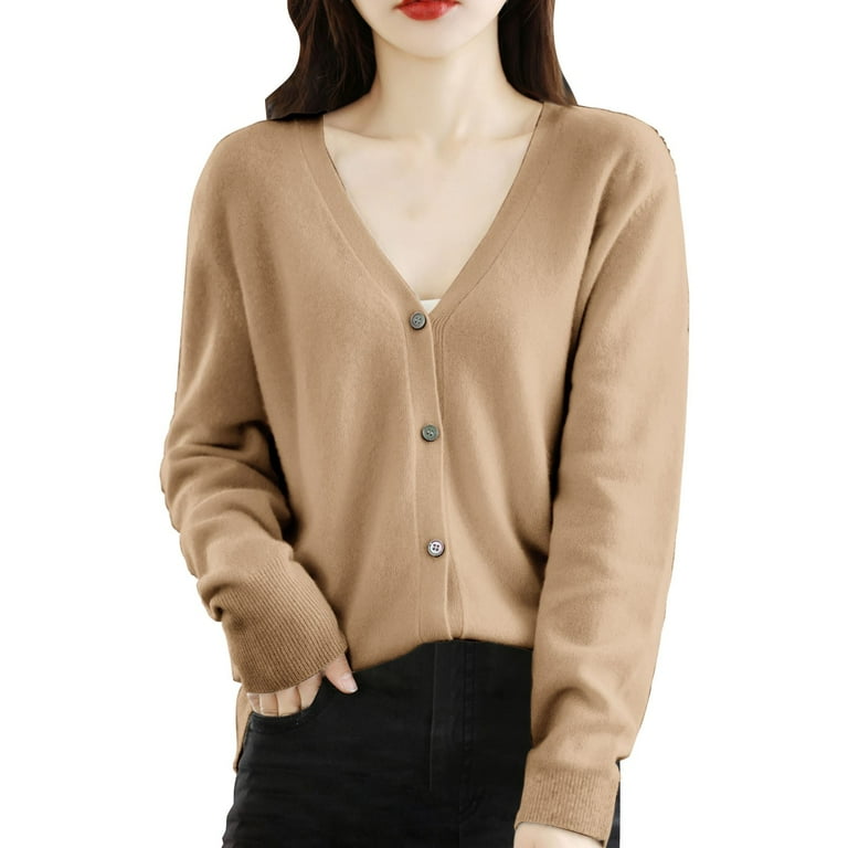 CILENON Women s Cardigans Women s Summer Autumn and Winter Simple Fashion Short Solid Color Knitted Cardigan Gold M