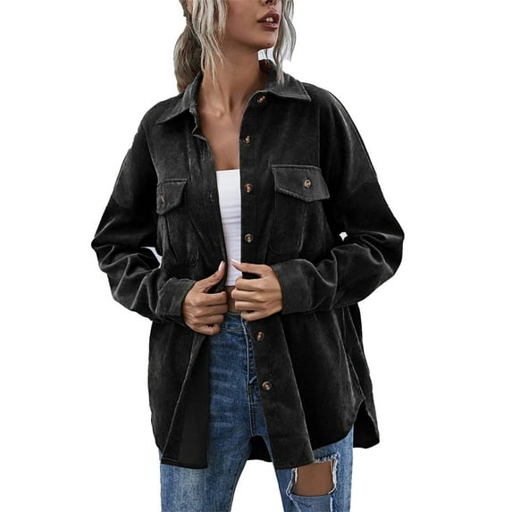 CILENON Women's Casual Jackets Women's Corduroy Lapel Single Breasted Shirt Long Sleeve Loose Casual Coat (Black,S)