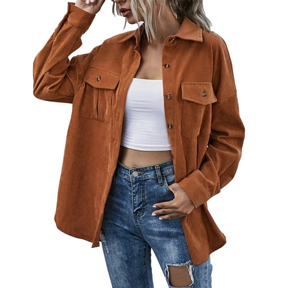 CILENON Women's Casual Jackets Women's Corduroy Lapel Single Breasted Shirt Long Sleeve Loose Casual Coat (Brown,M)