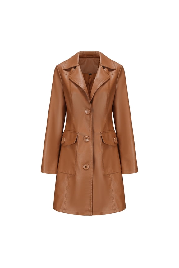 Women's Casual Jackets Women's Mid Length Leather Coat Long Sleeve Leather Trench Coat Fashion Coat (Brown,L)
