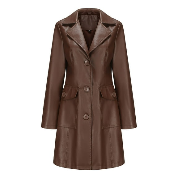 CILENON Women's Casual Jackets Women's Mid Length Leather Coat Long Sleeve Leather Trench Coat Fashion Coat (Coffee,M)