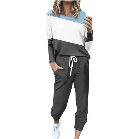 CILENON Women's Color Block 2 Piece Tracksuit Crewneck Long Sleeve Sweatshirts Tops Long Sweatpants Outfits Lounge Sets 2024 Fall Trendy Set (Light Blue,XXXL)