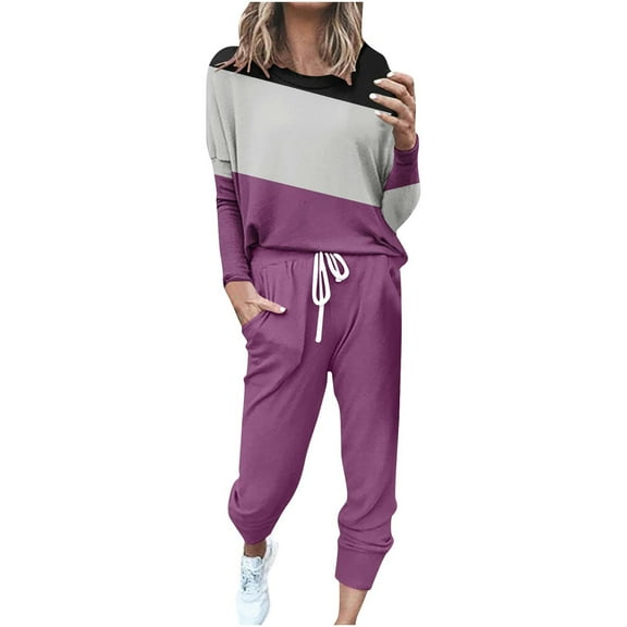CILENON Women's Color Block 2 Piece Tracksuit Crewneck Long Sleeve Sweatshirts Tops Long Sweatpants Outfits Lounge Sets 2024 Fall Trendy Set (Purple,XXXL)