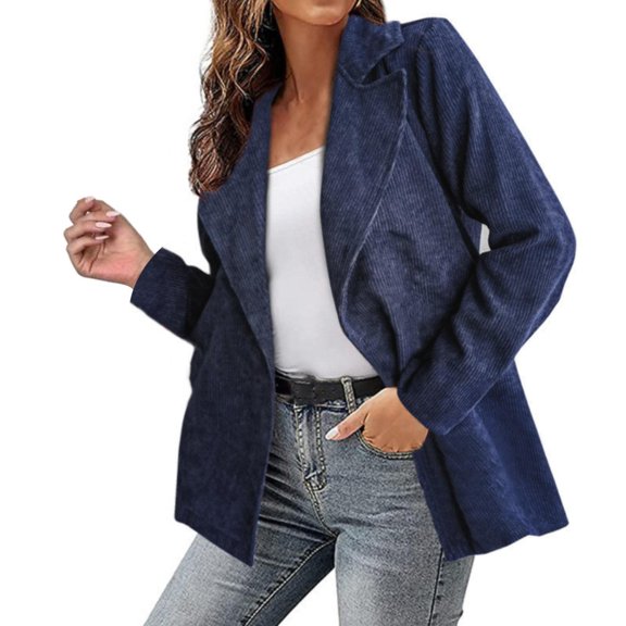 CILENON Women's Fashion Women's Fall Winter Solid Color Jacket Suit Corduroy Cardigan Jacket (Navy Blue,S)
