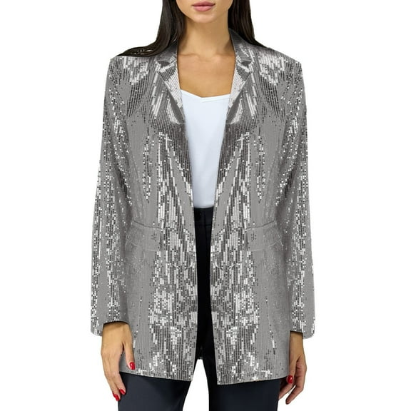 CILENON Women's Sequin Jackets Open Front Blazer Jacket Casual Long Sleeve Sparkly Cardigan Coat with Pocket Cocktail Jacket for Women(Silver,XL)