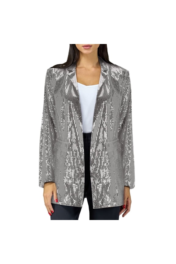 Women's Sequin Jackets Open Front Blazer Jacket Casual Long Sleeve Sparkly Cardigan Coat with Pocket Cocktail Jacket for Women(Silver,XL)
