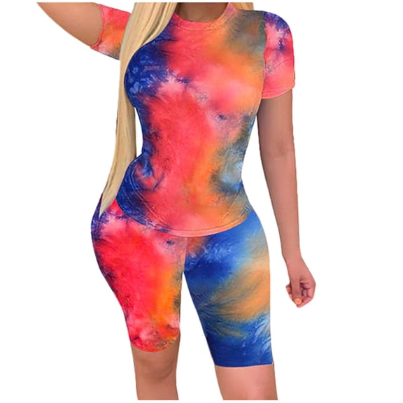 CILENON Womens Activewear Sets Womens Tie-Dye Short Sleeve O-Neck Tops Beach Shorts Summer Sports Casual Set Lounging Sets for Women 2 Piece Casual Work From Home Outfits Women (Blue,S)