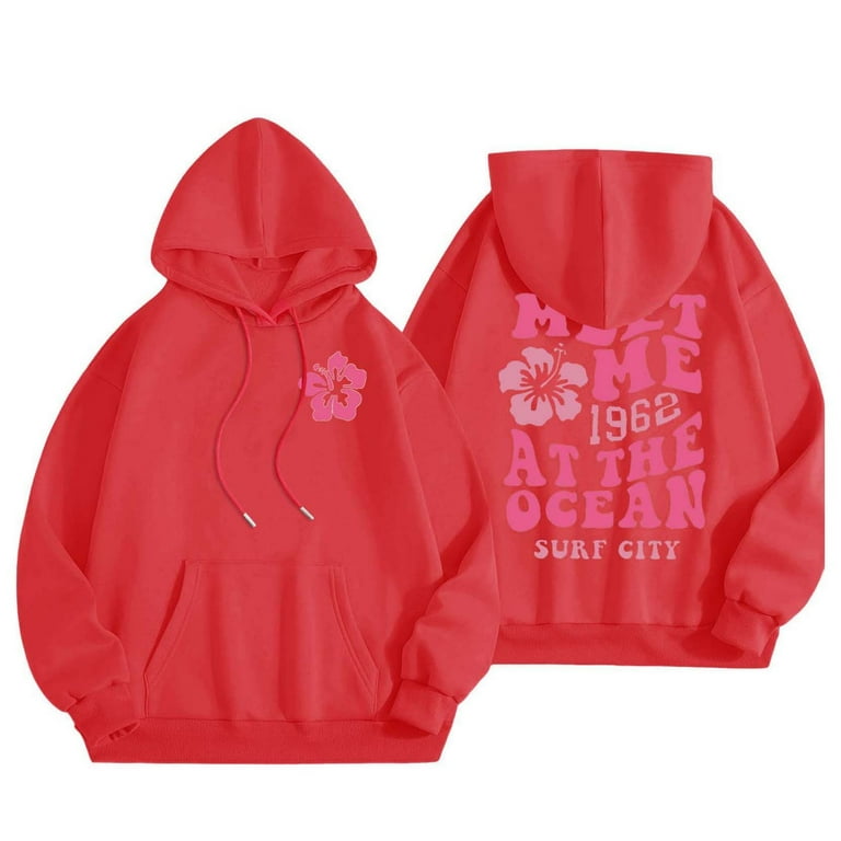 CILENON Womens Cute Hoodies Pink Hoodie Oversized Letter Print Graphic Hoodies for Women Long Sleeve Preppy Sweatshirt Red XXL