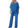 thumbnail image 1 of CILENON Womens Elegant Chiffon 2 Piece Outfits Half Sleeve Solid Color Irregular Set Ruffle Blouse Wide Leg Pants for Mother Wedding Guest Pant Suit (Blue,XL), 1 of 4