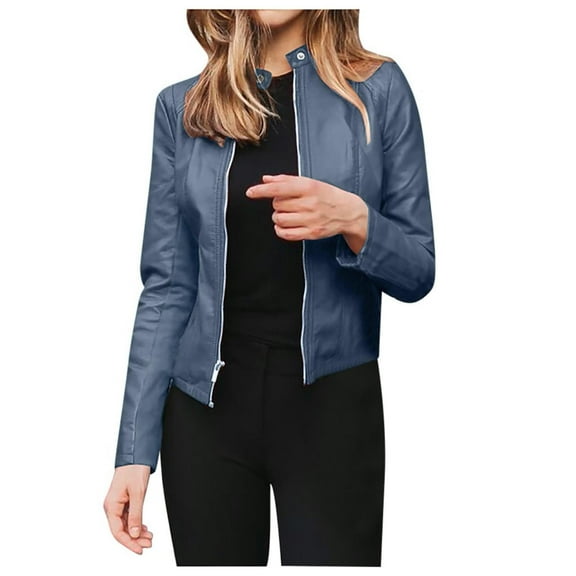 CILENON Womens Faux Leather Jackets Biker Motorcycle Zipper Slim Fit Suede Cropped Bomber Coat Plus Size 2024 Fall Fashion Women's Blazer(Blue,S)