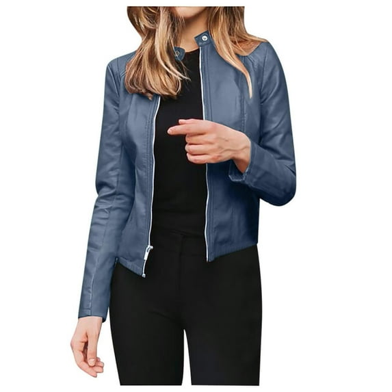 CILENON Womens Faux Leather Jackets Biker Motorcycle Zipper Slim Fit Suede Cropped Bomber Coat Plus Size 2024 Fall Fashion Women's Blazer(Blue,S)