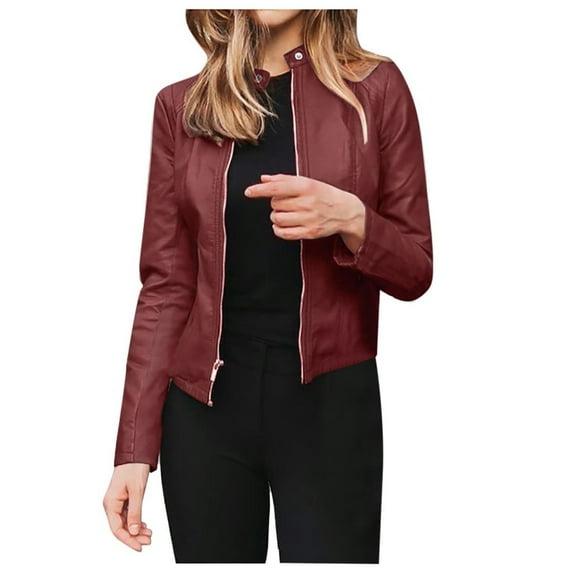CILENON Womens Faux Leather Jackets Biker Motorcycle Zipper Slim Fit Suede Cropped Bomber Coat Plus Size 2024 Fall Fashion Womens Clothes(Wine Red,L)