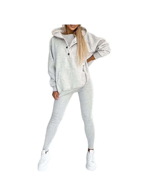 Womens Lounge Sets 2 Piece Outfits 3Pcs Women's Sports Suit Loose Hooded Pockets Sweatshirt And Vest And Slim Trousers Womens Casual Outfits Clothing Set for Women Athletic Wear Women(Gray,L)