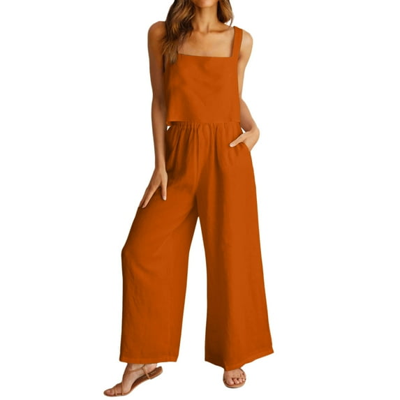 CILENON Womens Loungewear Women's 2 Piece Outfits Square Neck Linen Tank Crop Top Wide Leg Pants Matching Set Tracksuit Airplane Outfits for Women 2024 Sweatpants Set for Women (Orange,S)