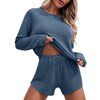 CILENON Womens Summer Outfits Womens Knitted Pajamas Suit Long Sleeved Top And Shorts With Casual Wear Suit Casual Wear Sports Suit 2 Piece Sets for Women Summer Workout Sets for Women (Blue3,L)