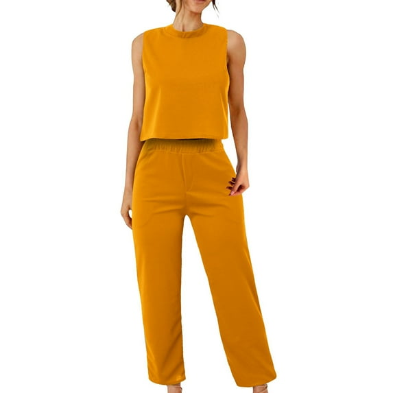 CILENON Womens Sweats Women's Suit New Sleeveless Sports Casual Suit Women's Short Loose T Shirt Trousers Two Piece Set Casual Outfits for Women 2 Piece Sets (Brown,XL)