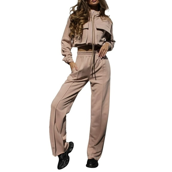 CILENON Womens Sweatsuits Women's Solid Color Zipper Double Pocket Drawstring Long Sleeve Top Fashion Casual Pants Set Women Sweat Suits 2 Piece Set Plane Outfit Women Set (Khaki,XXL)