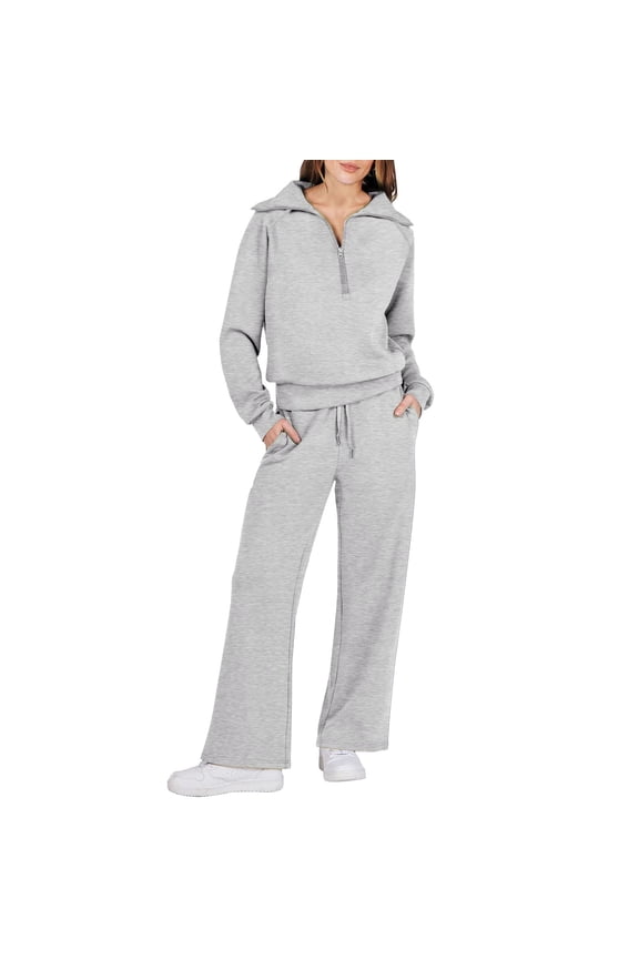 Womens Travel Outfit Women Two Piece Outfits Sweatsuit Set Quarter Zip Sweatshirt Wide Leg Sweatpant Fall Set Tracksuit Active Wear Sets for Women Travel Clothes Women (Gray,XXL)