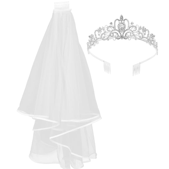 CIMAXIC 1Set Wedding Tiara Rhinestone Crown Headband for Bride with Veil Elegant Bridal Hair Accessory