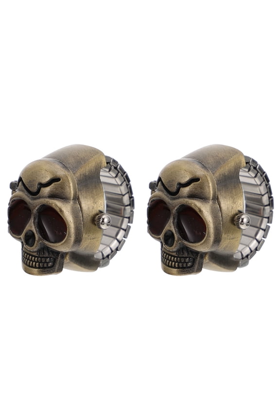 2Pcs Flip Open Ring Watch Casual Finger Watch Light Brown Skull Cover Time Display