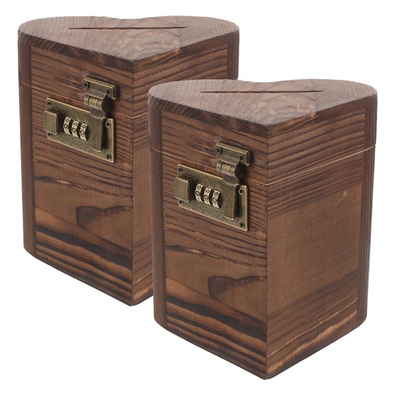 CIMAXIC 2Pcs Coffee Wooden Cash Holder with Heart Design Password Lock and Clear Grain for Family Saving Box