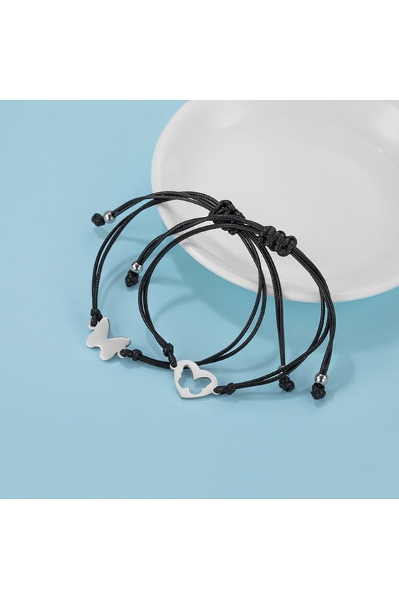 Set of 2 Titanium Steel Bracelets for Couples with Black Woven Wax Rope, Stylish Decorative Jewelry