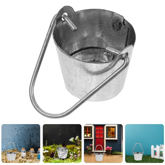 CIMAXIC 3Pcs Silver Iron Round Dollhouse Miniature Water Bucket for Garden Decoration 1.57X0.71In