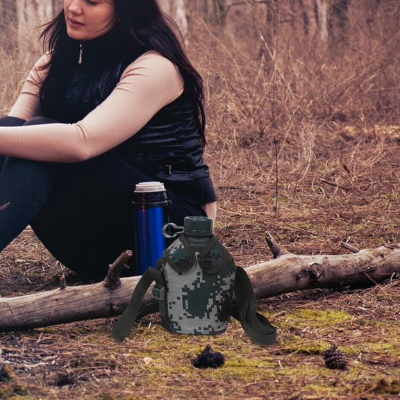 CIMAXIC Aluminum Water Canteen with Camouflage Cover, Portable Drink Bottle with Shoulder Strap for Hiking, Camping, and Outdoor Use