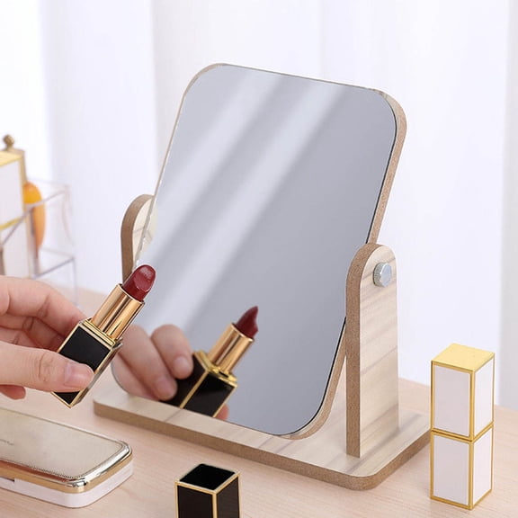CIMAXIC Home Table Makeup Mirror Wooden Frame Khaki Color with Rotating Stand and Stable Base