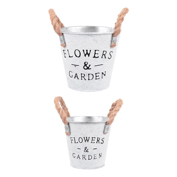 CIMAXIC 2Pcs Rustic Plated Silver Metal Flower Buckets with Handle Vintage Garden Decoration and Storage Containers