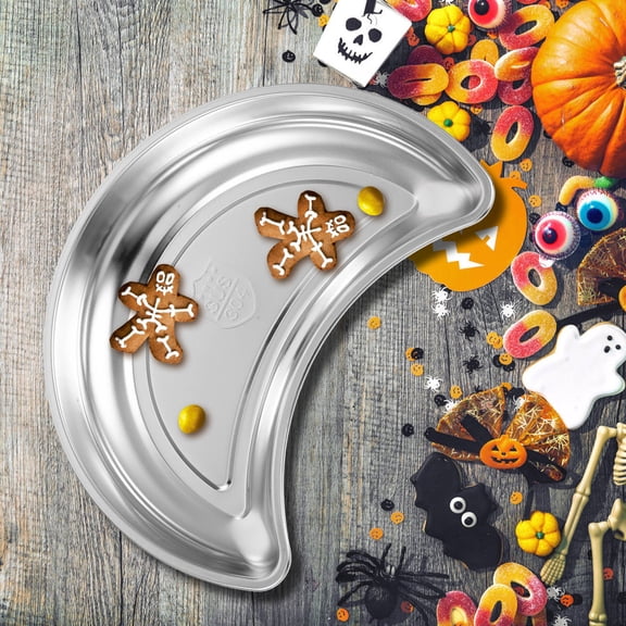 CIMAXIC Fruit Platter Tray for Parties Stainless Steel Half-Moon Serving Food in Silver 1Pack