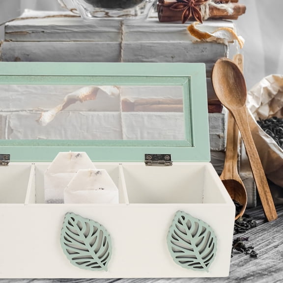 CIMAXIC Light Green Wooden Tea Bag Drawer Organizer with Compartments Elegant Design for Storage 11.8x8.4x4.3 Inches