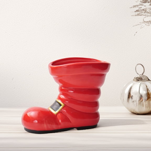 CIMAXIC Red Ceramic Christmas Vase, Boot Shaped Flower Holder for Winter Decor