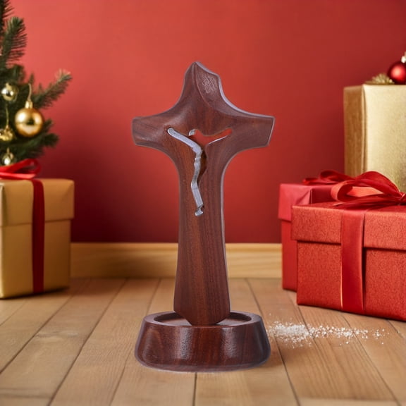CIMAXIC Brown Wooden Cross Tabletop Decor for Easter Baptism with Natural Wood Grain and Stable Base