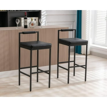 CIMOTA Black Modern Bar Stools Set of 2 with Low Back, Leather Counter Height Stools Tall Barstools Upholstered Bar Chairs Counter Stools for Kitchen Island with Metal Legs for Kitchen/Pub, 30 Inch