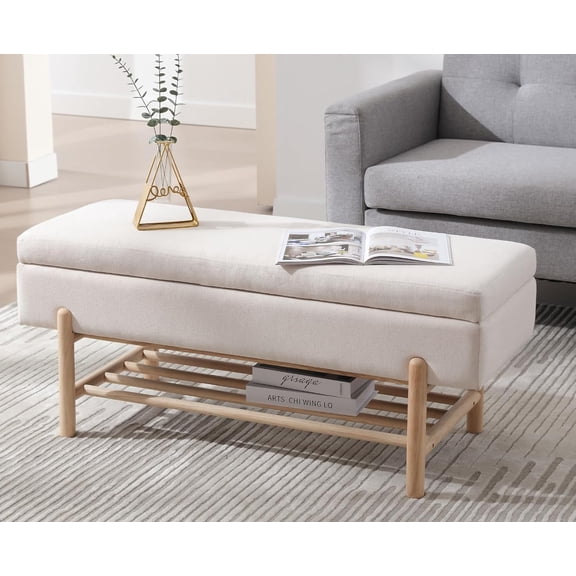 CIMOTA Entryway Storage  for Bedroom Upholstered End of Bed Ottoman  with Wood Shoe Storage for Living Room/Hallway/Under Window/Corner, 45 Inches, Linen Beige